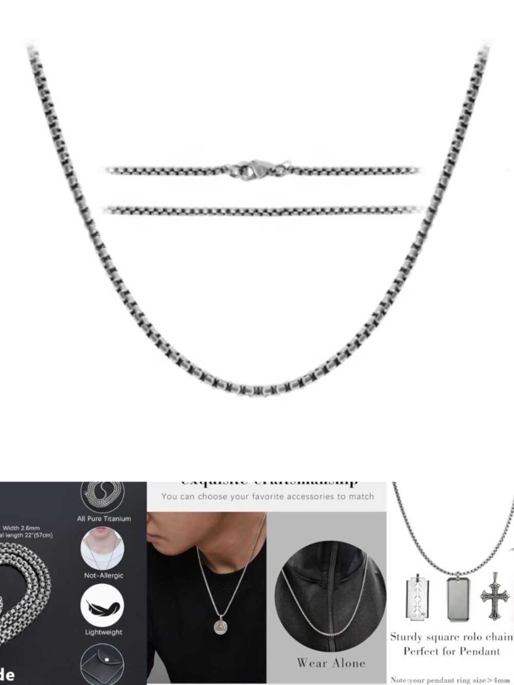 Pure Titanium Box Chain Necklace 2.6mm Mens Square Chain 22 In